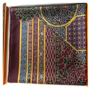 Hermes Silk Scarf in Burgundy, Blue, Gold